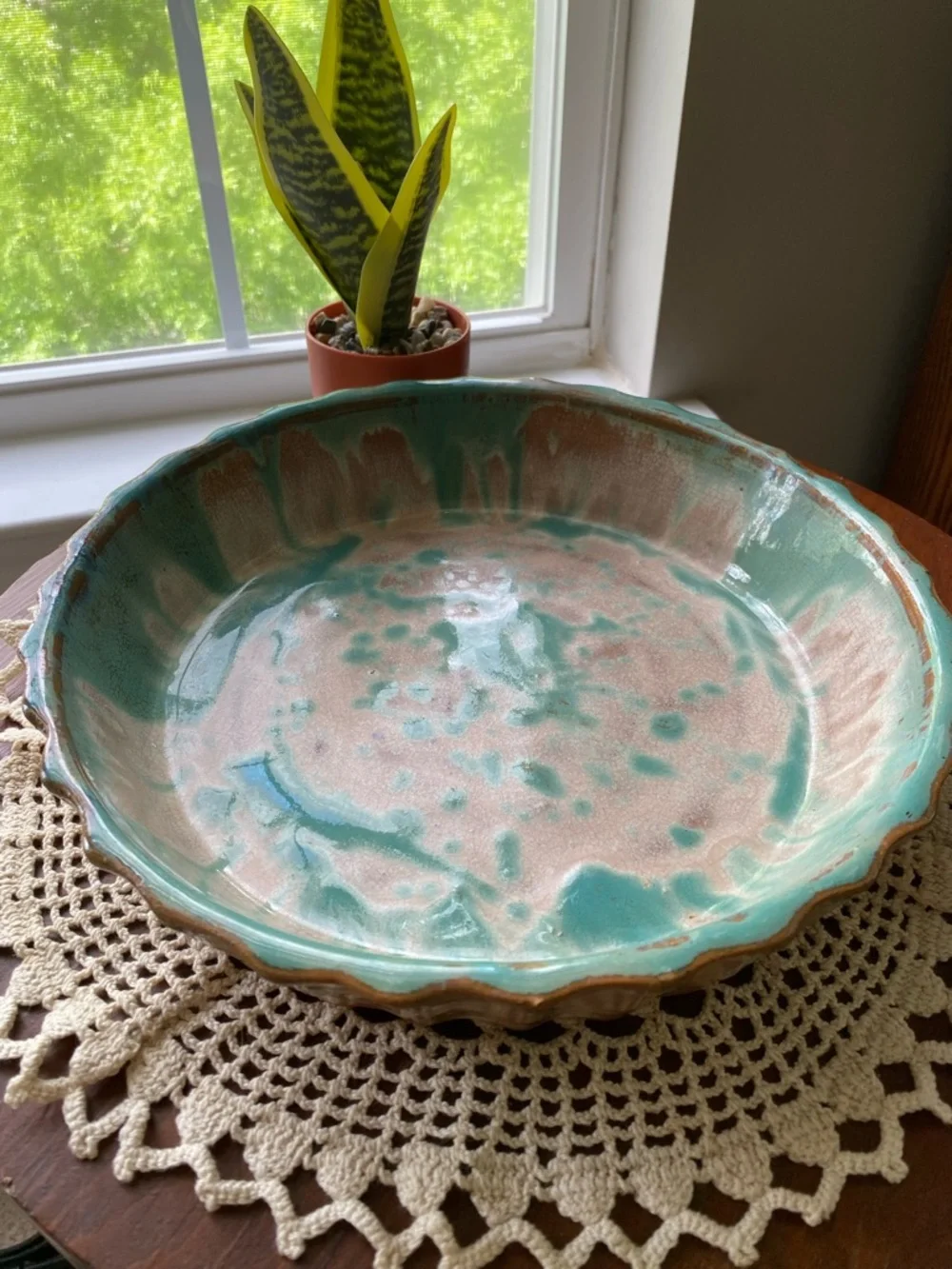 Browns Pottery Handmade Ceramic Pie Dish - Turquoise and Cream Glaze EUC